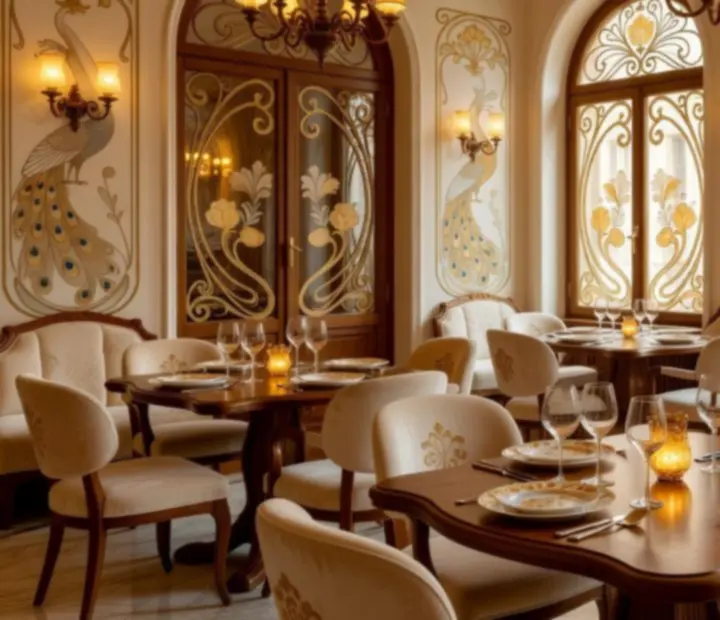 Eleganckie wnętrze restauracji w stylu Art Nouveau z bursztynowym oświetleniem