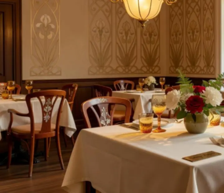 Elegancko nakryty stół w restauracji Nalqu Rivo z bursztynową zastawą i kieliszkami w ciepłym świetle