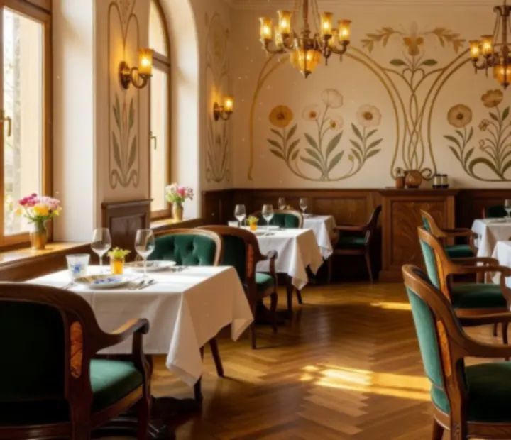 Eleganckie wnętrze restauracji Bursztynowy Stół z nakrytymi stołami i bursztynowym światłem.