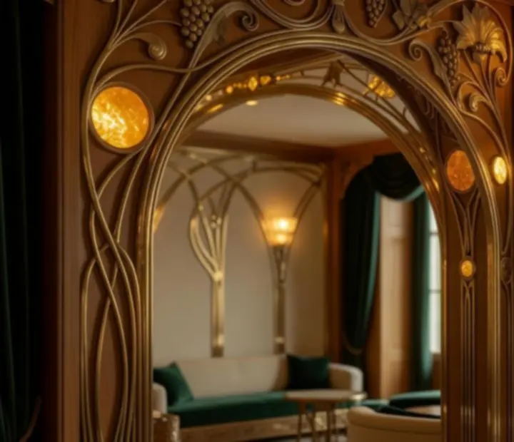 Art Nouveau detale z drewna i mosiądzu z bursztynowymi akcentami we wnętrzu lounge’a