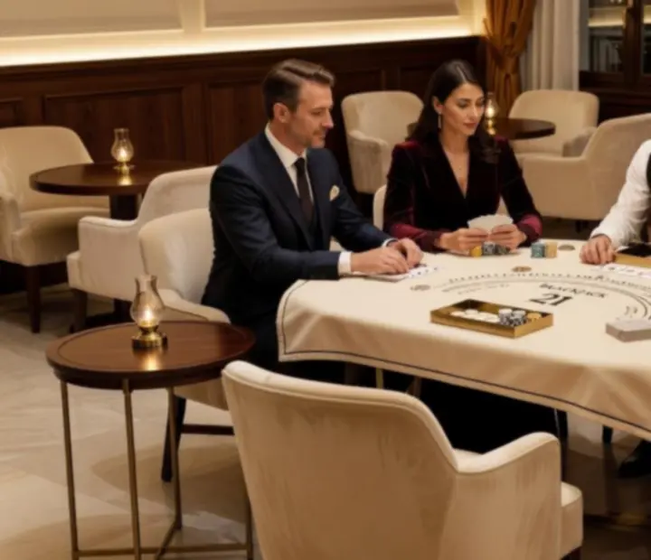 Elegancki stół do blackjacka w Casino Lounge z kartami i żetonami na ciemnozielonym suknie.