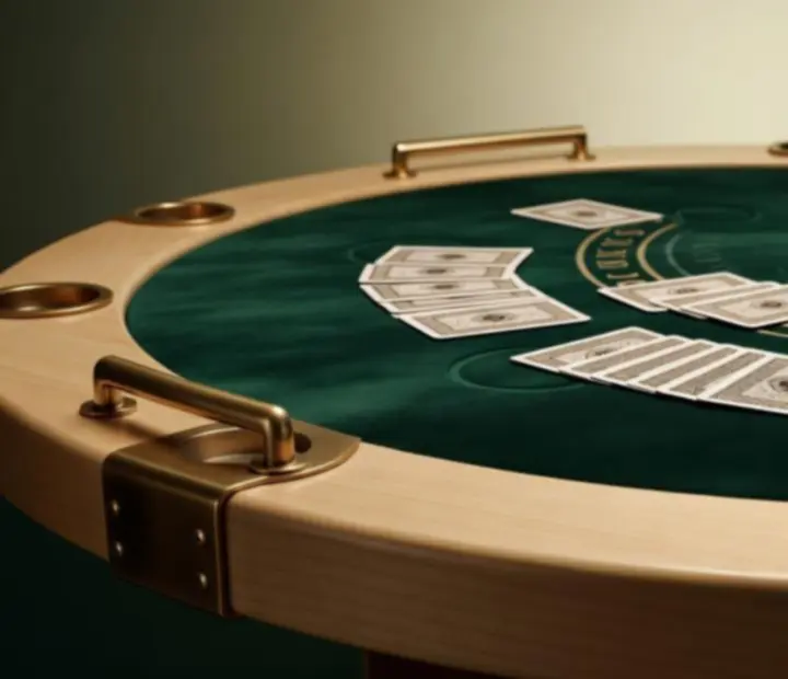 Zbliżenie na stół do blackjacka z kartami, żetonami i detalami z jasnego drewna i mosiądzu.