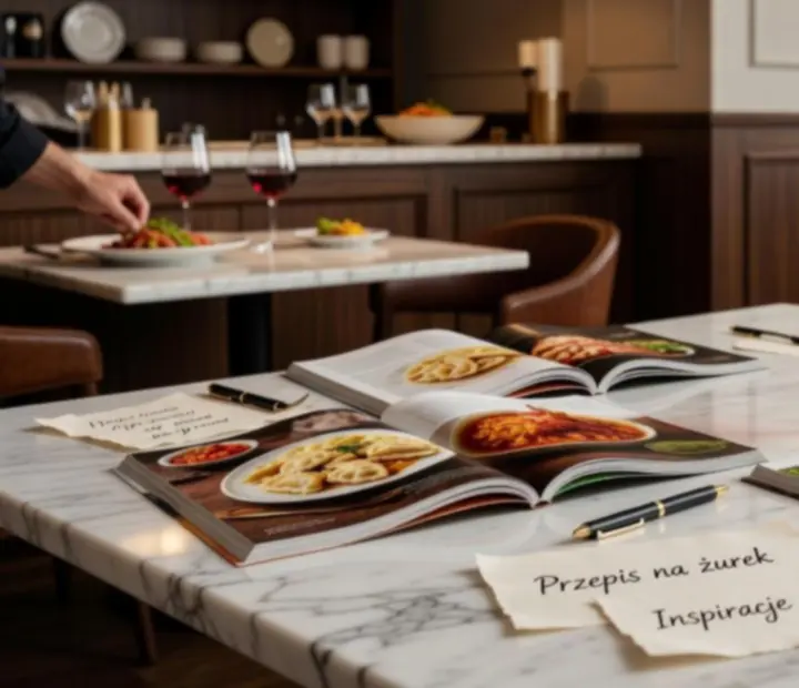 Stylizowana fotografia wnętrza restauracji i salonu lounge w ciepłych bursztynowych barwach.