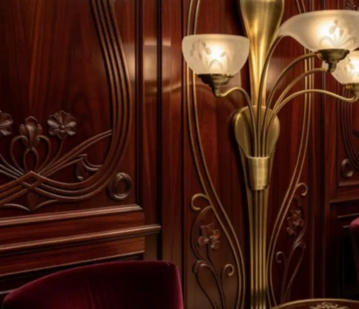 Detal wnętrza: mosiężna lampa i ciemna wiśniowa boazeria w części blackjackowej Casino Lounge.
