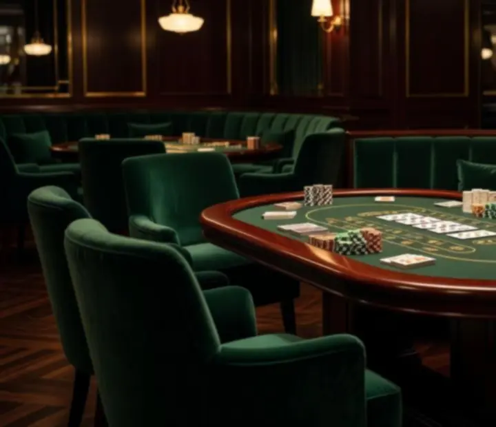 Eleganckie detale stołu do pokera i mosiężne wykończenia w Casino Lounge.