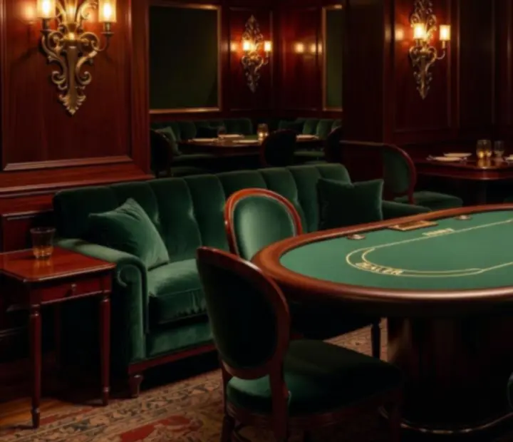 Salon Casino Lounge Nalqu Rivo z zielonymi fotelami, stołami do pokera i ruletki.