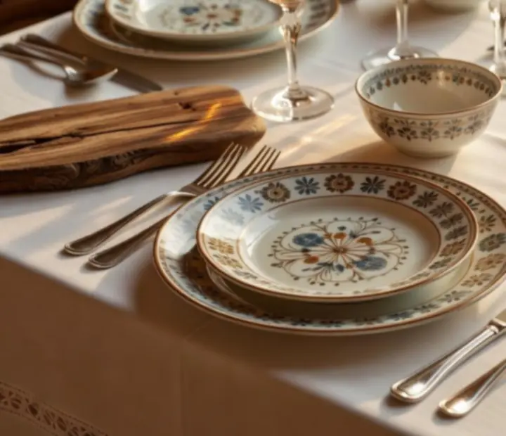 Ręcznie wykonana porcelana i kieliszki z bursztynowymi detalami na elegancko nakrytym stole