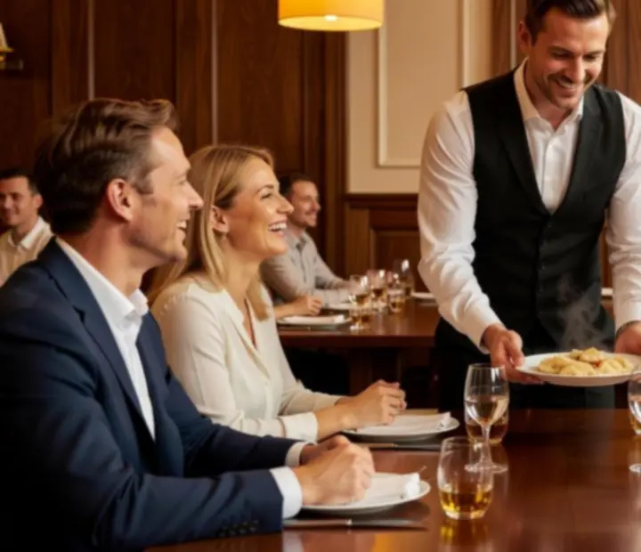 Kelner w polskiej restauracji serwujący wino do eleganckiej kolacji