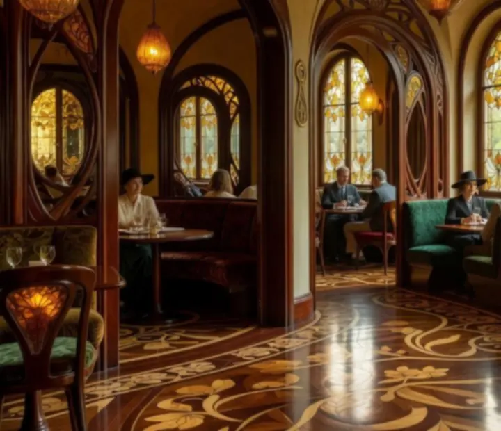 Art Nouveau wnętrze polskiej restauracji z łukowymi przejściami i drewnianymi intarsjami