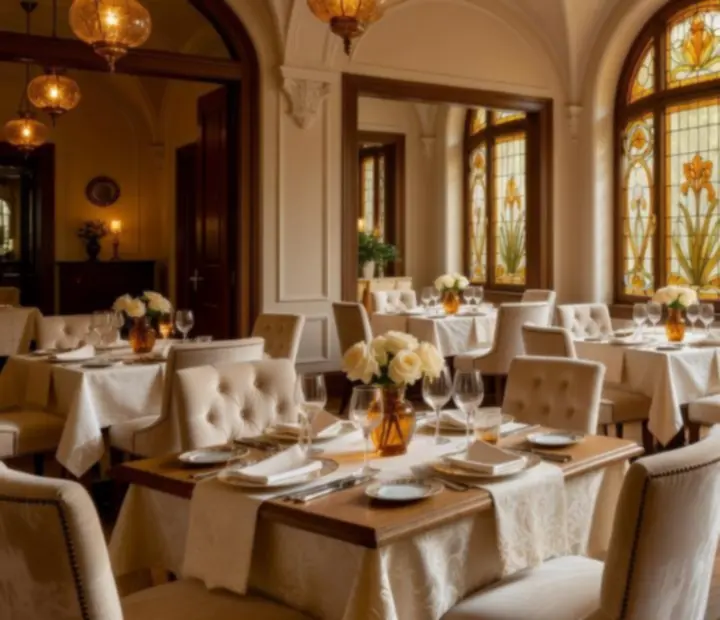 Wieczorna, elegancka sala główna Nalqu Rivo z kremowymi ścianami i stołami z naturalnego drewna.
