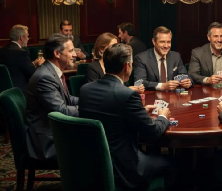 Goście grający w pokera przy eleganckim stole w kameralnym Lounge'u.