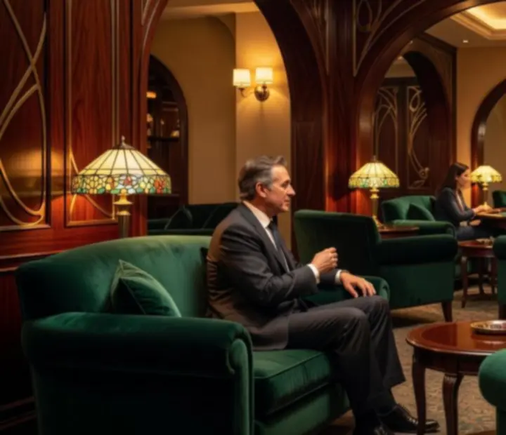 Nastrojowe wnętrze Casino Lounge Nalqu Rivo z zielenią i bursztynowym światłem