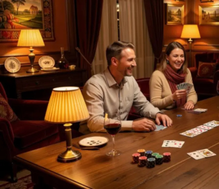Przyjaciele grający w pokera przy nastrojowym stole w Casino Lounge Nalqu Rivo