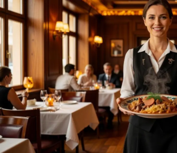 Kelner serwujący wino w eleganckiej polskiej restauracji.