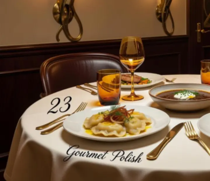 Elegancko zaaranżowany stół w restauracji Bursztynowy Stół z wykwintnymi daniami.